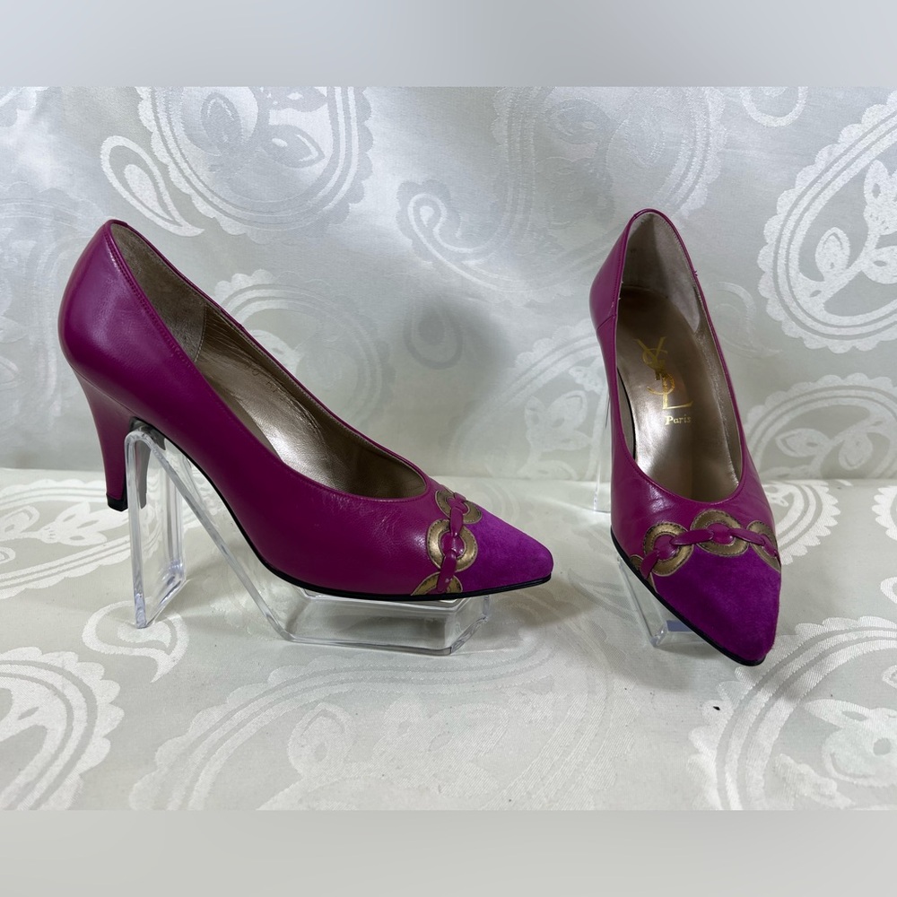 7114: YSL Pink/Purple Pumps 34.5/4 - one heel tap missing